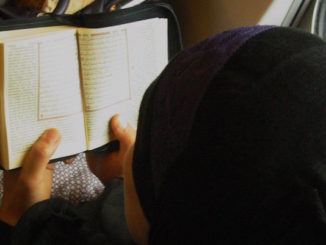 Moslima leest in de Koran. Trein bij vertrek in Leuven. Door Steven Hiawatha, via Flickr.